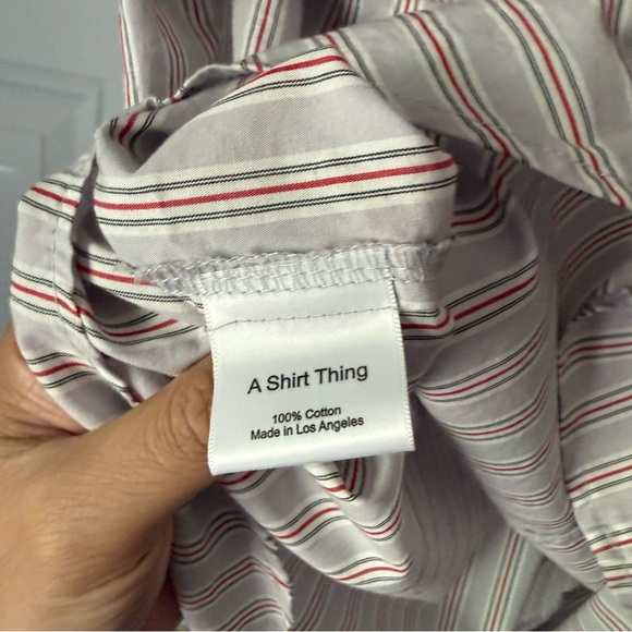 A SHIRT THING grey striped cotton popover ruffle collar shirt blouse top - Picture 6 of 6